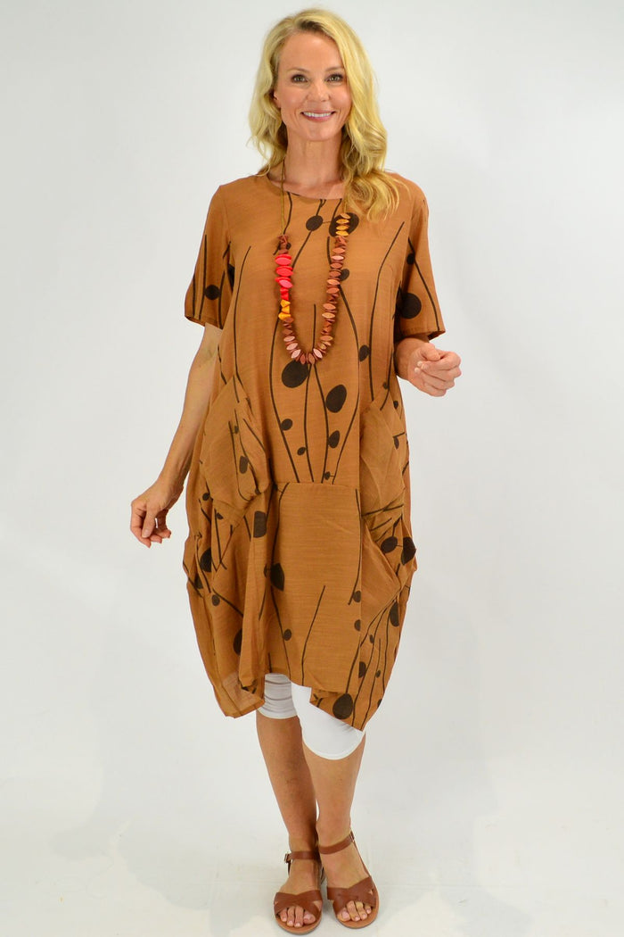 Caramel Dots Bubble Tunic Dress by La Mode, featuring a playful bubble silhouette with dotted pattern and relaxed fit.