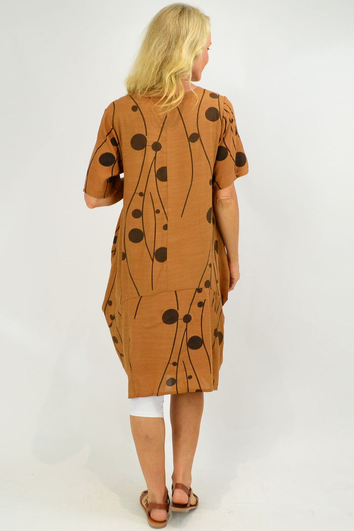 Brown Caramel Dots Bubble Tunic Dress by La Mode featuring a loose fit with a playful dotted pattern.
