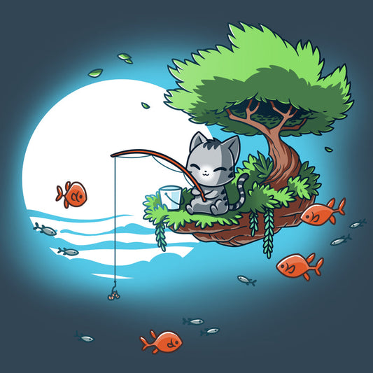Premium Cotton T-shirt_TeeTurtle denim blue Cat Fishing apparel featuring a cat sitting by a tree with a large moon in the background. The cat is pole fishing happily while fish swim all around.