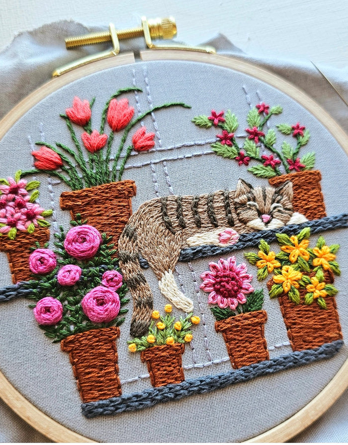 Catnap with Flowers Embroidery Kit, Jessica Long Embroidery