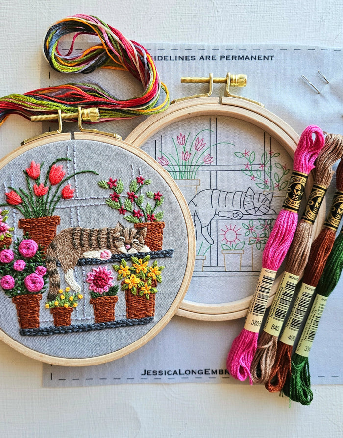 Catnap with Flowers Embroidery Kit, Jessica Long Embroidery