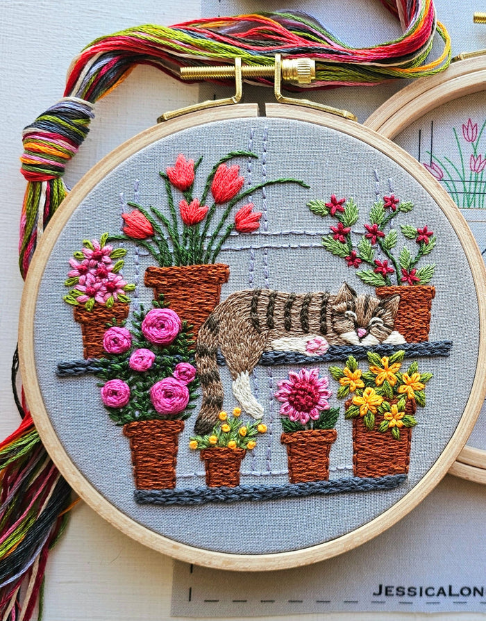 Catnap with Flowers Embroidery Kit, Jessica Long Embroidery