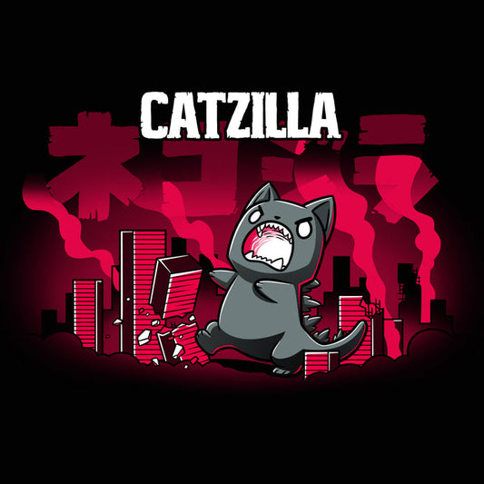 Premium Cotton T-shirt_TeeTurtle Catzilla black t-shirt featuring an illustration of an angry gray cat terrorizing a city knocking down red, blocky buildings with reddish-pink smoke filling the air and "Catzilla" written above the graphic. The text beneath the word CATZILLA resembles Japanese characters or simplified Chinese characters.