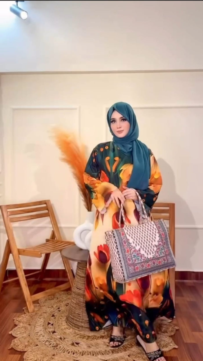 CH 573 Tulip Bloom Printed Kaftan – Soft Crepe Long Dress | Saimwear