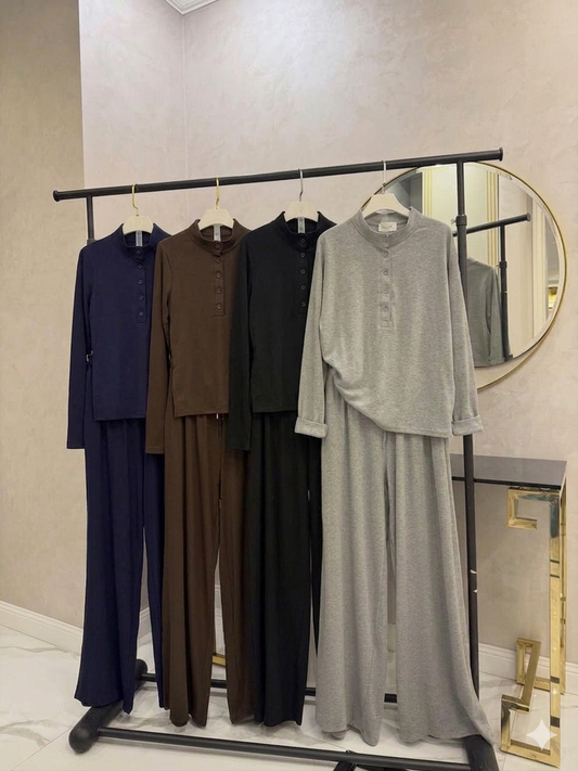 CH-6006 2 Pcs Button Lounge Wear Set Top With Straight Trouser - Saimwear