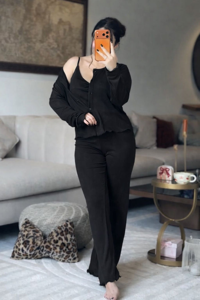 CH 6027 |3 Pcs Button-Down Top & Flared Pants Co-Ord Set | Saimwear