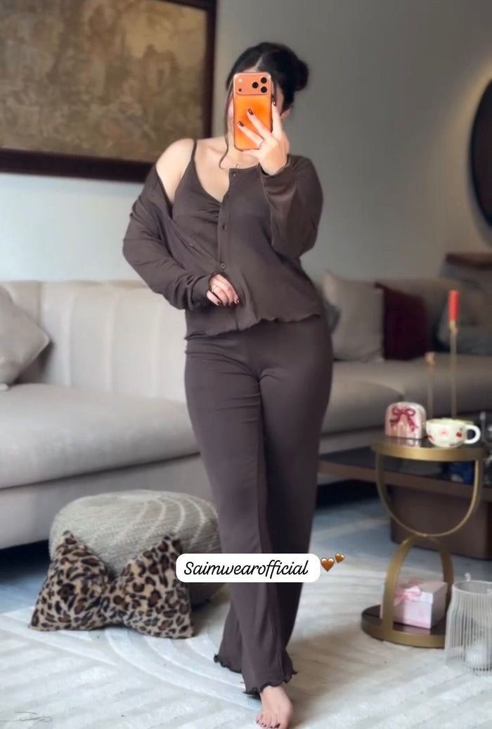 CH 6027 |3 Pcs Button-Down Top & Flared Pants Co-Ord Set | Saimwear