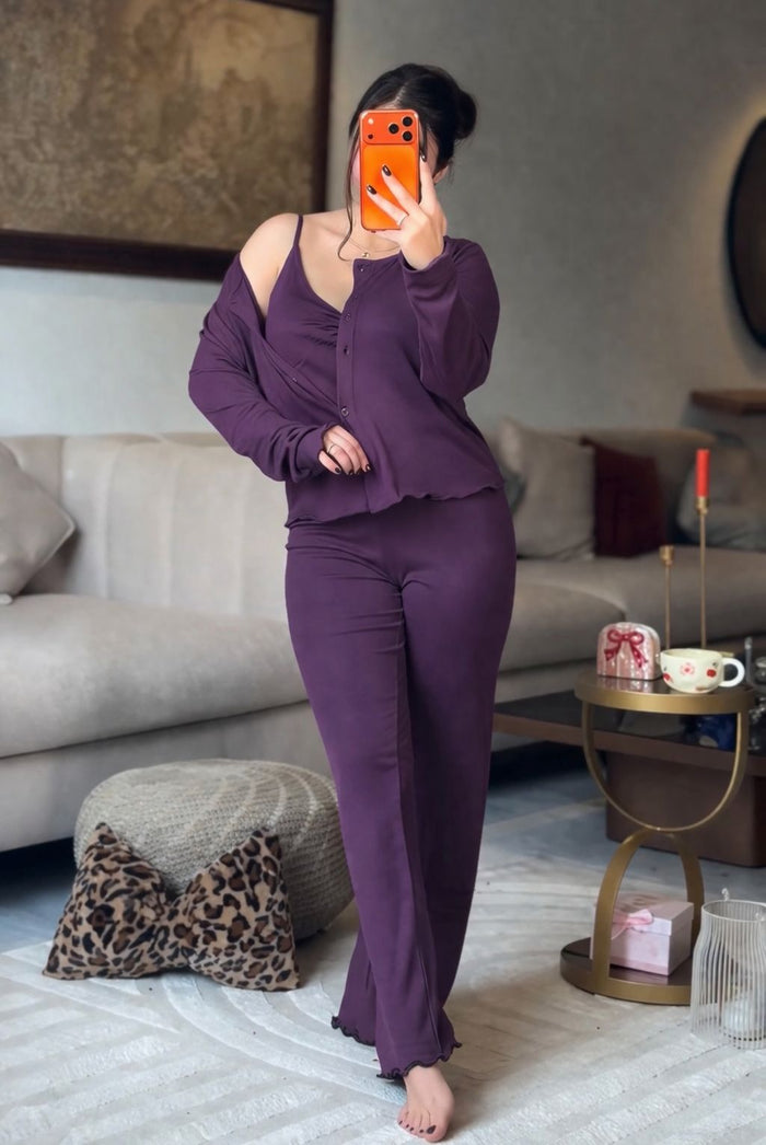 CH 6027 |3 Pcs Button-Down Top & Flared Pants Co-Ord Set | Saimwear