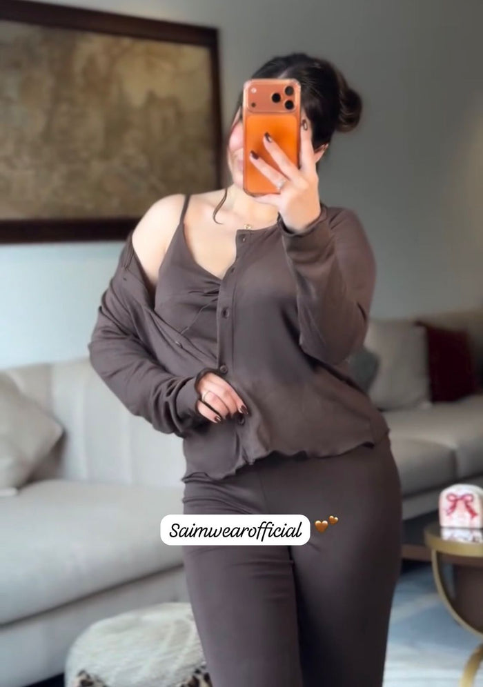 CH 6027 |3 Pcs Button-Down Top & Flared Pants Co-Ord Set | Saimwear