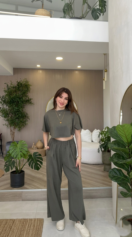 CH 6033 | Women Oversized Crop T-Shirt & Wide-Leg Lounge Pants Co-Ord Set| SAIMWEAR