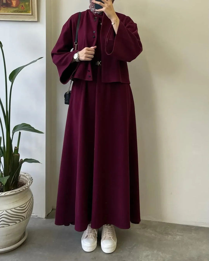 CH 608 - 2 Pcs Winter Outfit Long Frock With Upper Fleece Jacket - SAIMWEAR