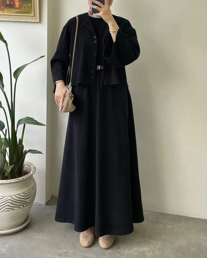 CH 608 - 2 Pcs Winter Outfit Long Frock With Upper Fleece Jacket - SAIMWEAR