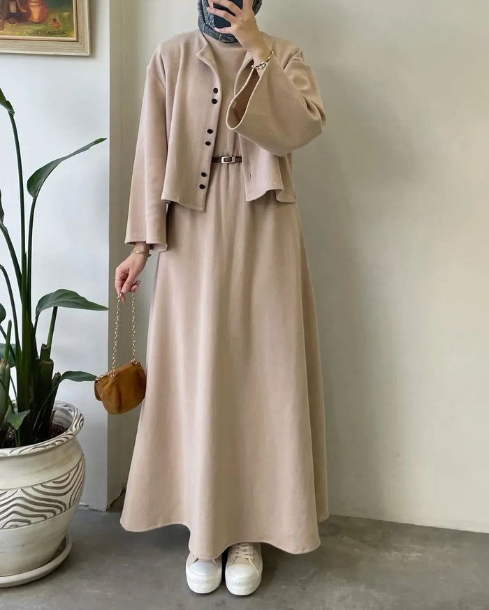 CH 608 - 2 Pcs Winter Outfit Long Frock With Upper Fleece Jacket - SAIMWEAR