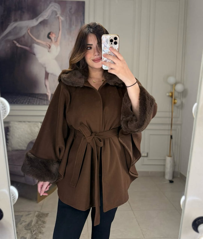 CH 623 - Women’s Elegant Fur Cuff Belted Cape Coat – Winter Fleece | Saimwear