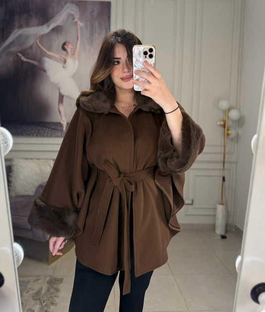 CH 623 - Women’s Elegant Fur Cuff Belted Cape Coat – Winter Fleece | Saimwear