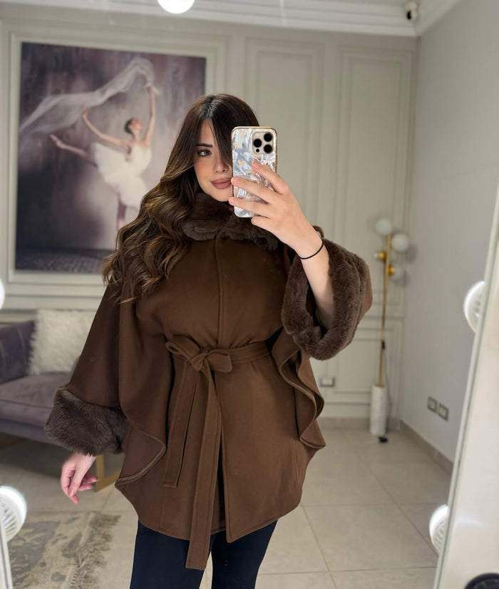 CH 623 - Women’s Elegant Fur Cuff Belted Cape Coat – Winter Fleece | Saimwear