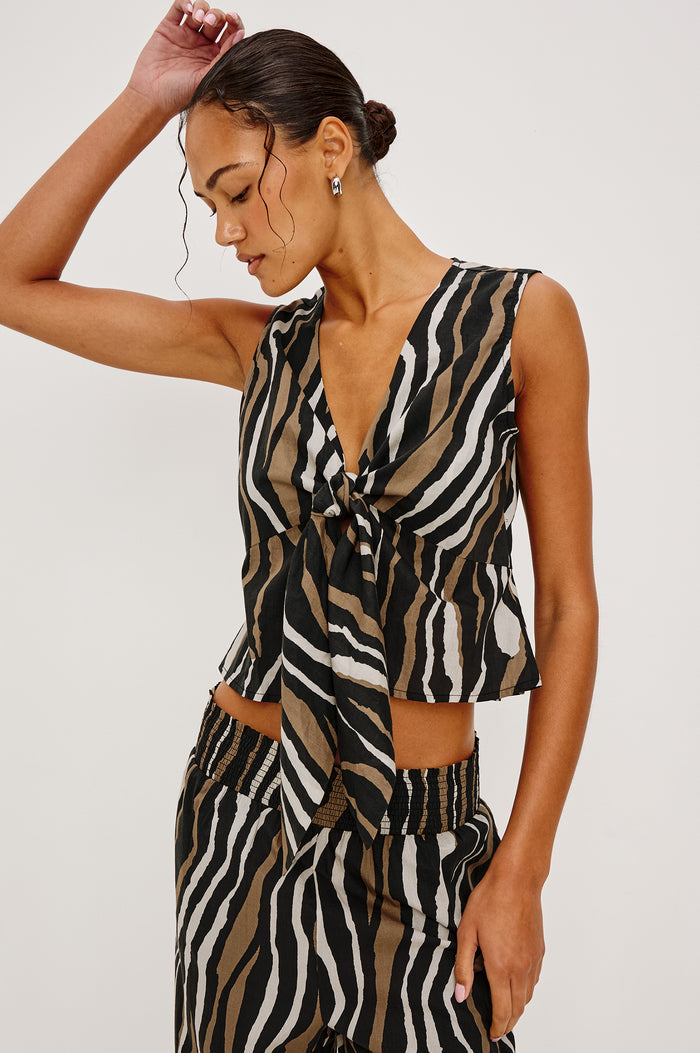 Chala Cropped Sleeveless Top in Beach Cotton With Deep V-Neckline With Adjustable Self-Ties in Canyon Stripe Colorway - Upper Body Front View Featured on Model