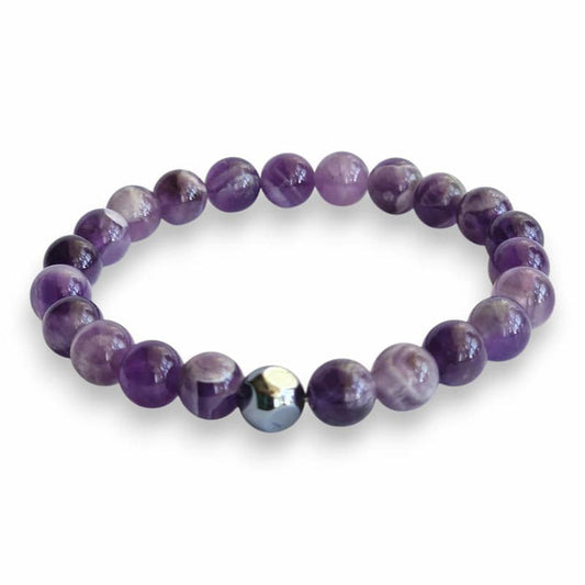 Chevron amethyst bracelet with polished Hematite cube accent, 8mm Dream Amethyst beads
