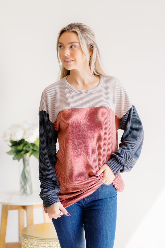 Cider Kisses Pullover Colorblocked Ribbed Top
