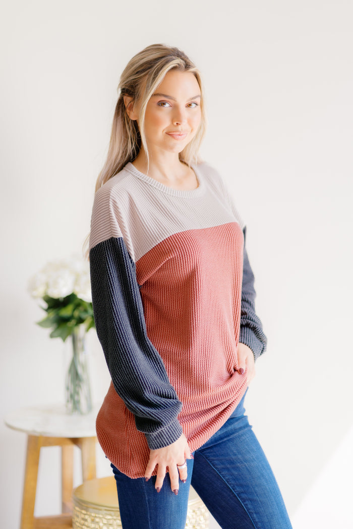 Cider Kisses Pullover Colorblocked Ribbed Top