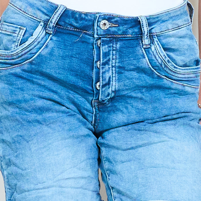 Classic mid rise rolled hem straight fit denim bermuda shorts wholesale