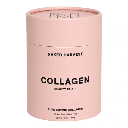 Pink container of Nu Harvest (formerly Naked Harvest) Collagen Beauty Elixir - pure bovine on a white background. Gluten & dairy-free.
