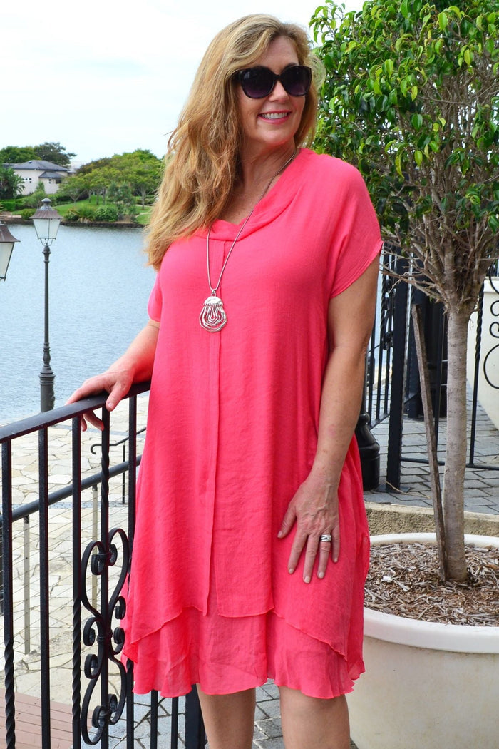 Coral drop shoulder tunic dress by Wishstone featuring a relaxed fit and lightweight fabric, perfect for summer wear.