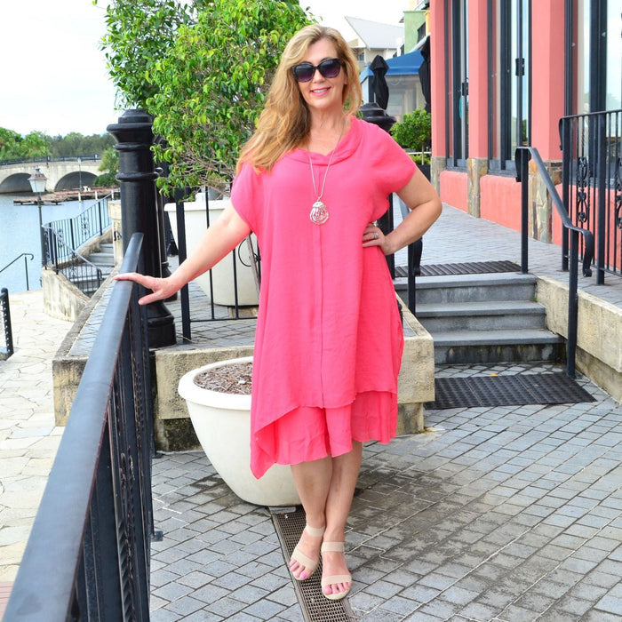 Coral Wishstone drop shoulder tunic dress with relaxed fit, featuring long sleeves and a flowing silhouette.