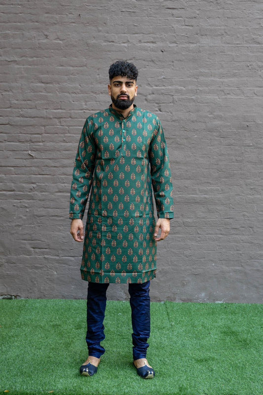 Cotton Block Printed Hunter Green Men's Kurta