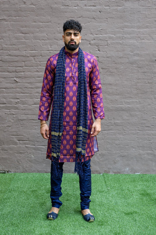 Cotton Block Printed Purple Men's Kurta