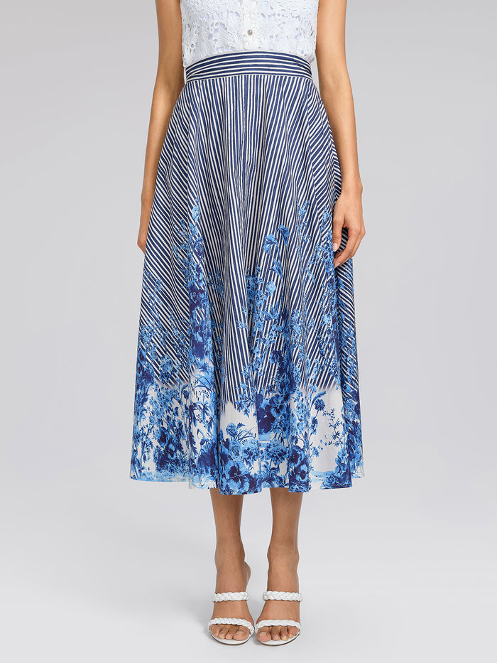 Cotton Stripe Floral Patchwork High-Waist Flare Skirt