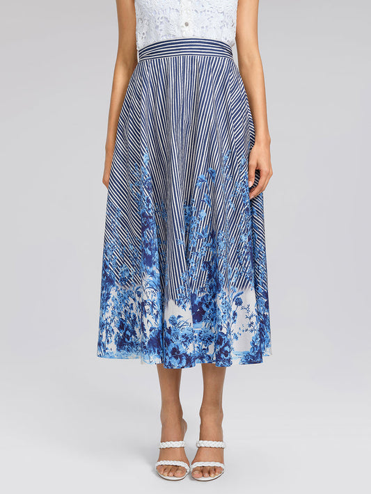 Cotton Stripe Floral Patchwork High-Waist Flare Skirt