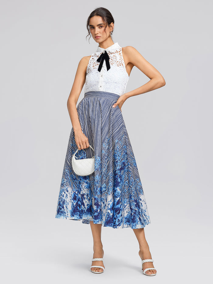 Cotton Stripe Floral Patchwork High-Waist Flare Skirt