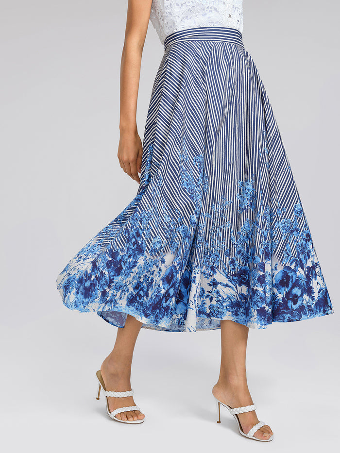 Cotton Stripe Floral Patchwork High-Waist Flare Skirt