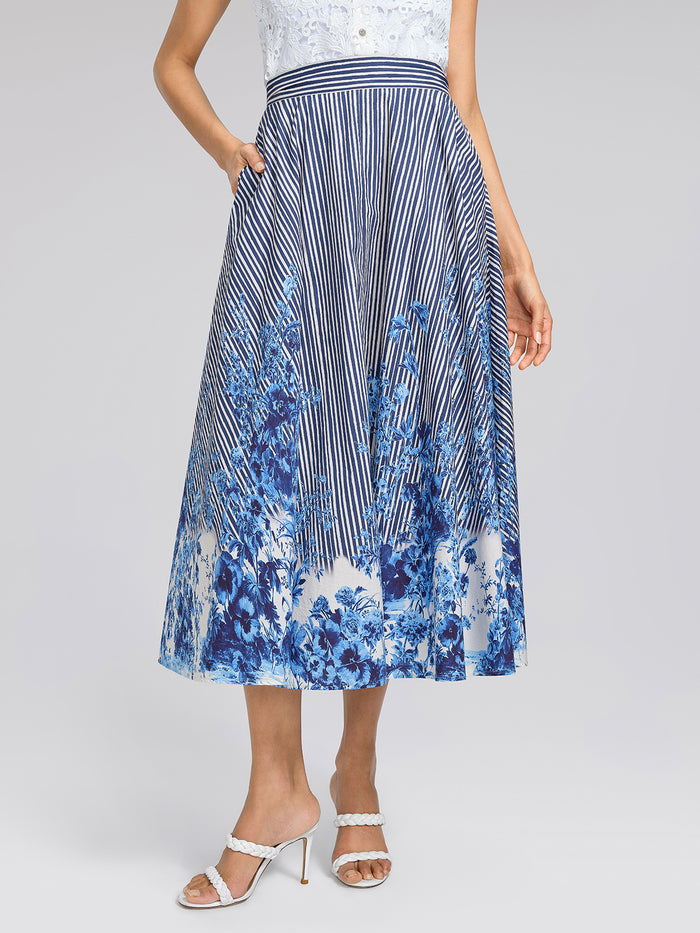 Cotton Stripe Floral Patchwork High-Waist Flare Skirt