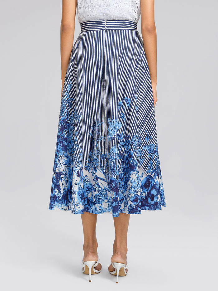 Cotton Stripe Floral Patchwork High-Waist Flare Skirt