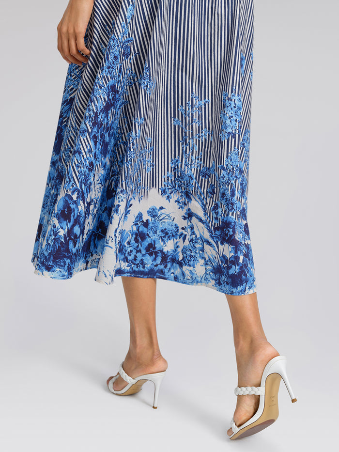 Cotton Stripe Floral Patchwork High-Waist Flare Skirt