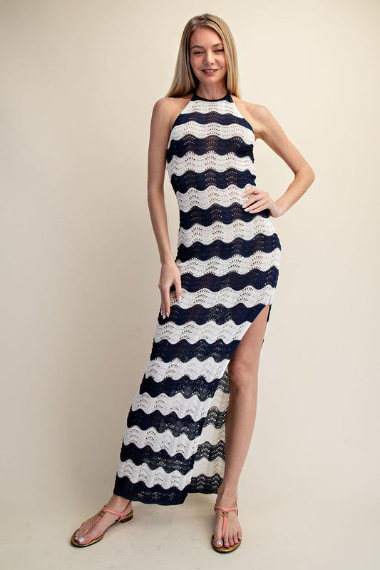 Crochet Halter Side Slit Maxi Dress