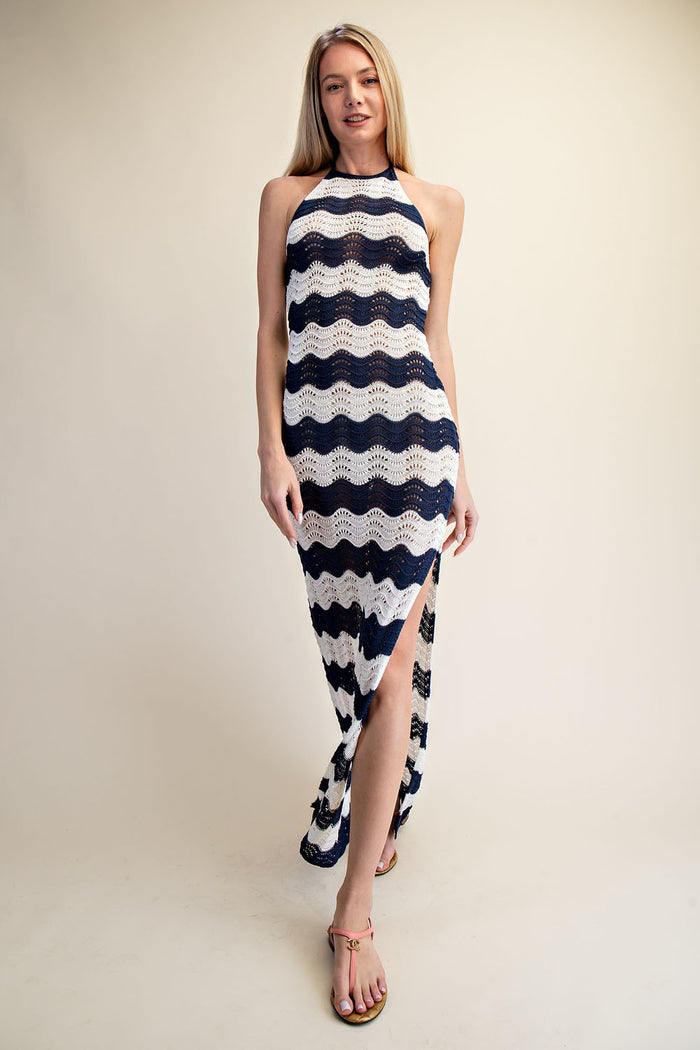 Crochet Halter Side Slit Maxi Dress