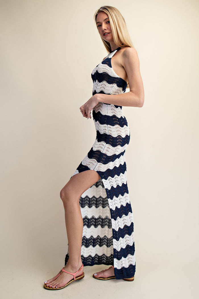 Crochet Halter Side Slit Maxi Dress