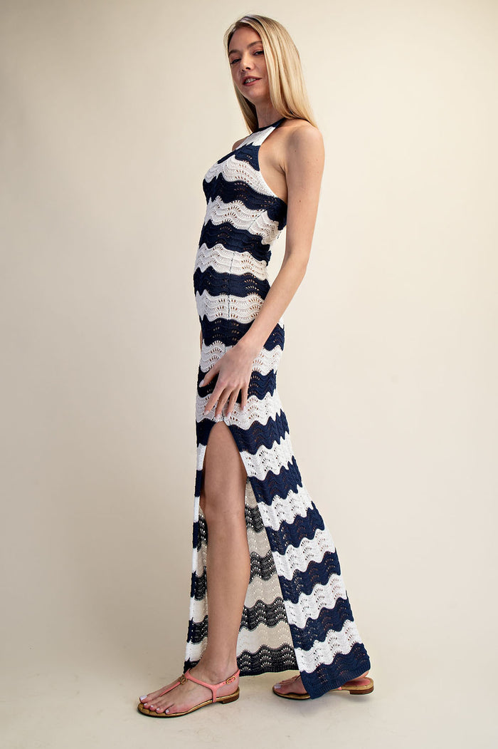 Crochet Halter Side Slit Maxi Dress