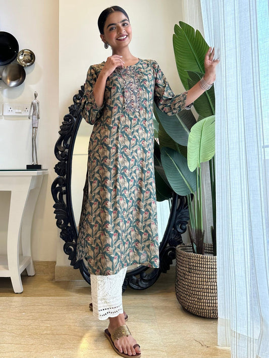 Dark Green Leaves Muslin Kurta