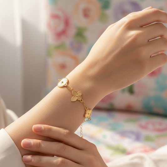 Delicate Floral & Butterfly Station Charm Bracelet – Adjustable Gold & Silver Tone Chain Jewelry (24 cm) (RBT-2451GS)