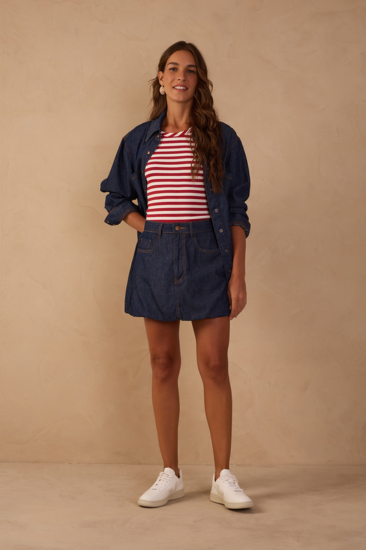 Denim Belt Loops Balloon Mini Skirt_1