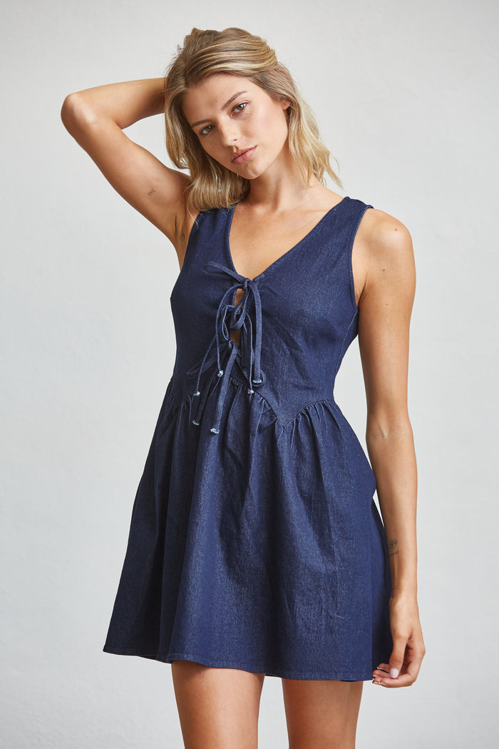 Denim Lace-Up Mini Dress in Dark Wash