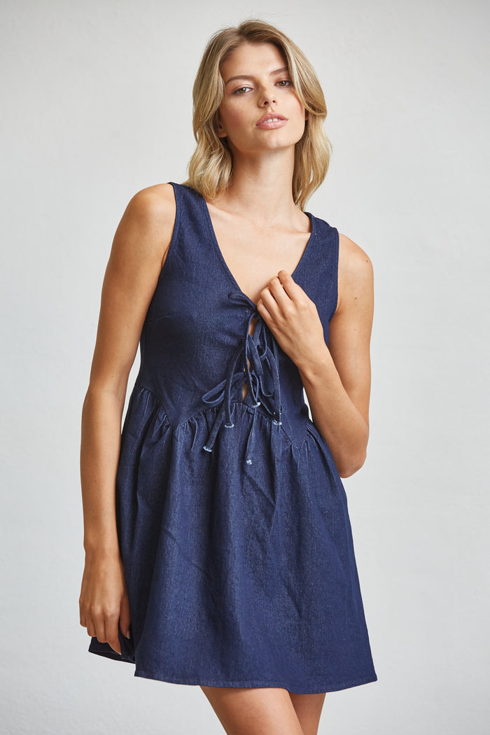 Denim Lace-Up Mini Dress in Dark Wash