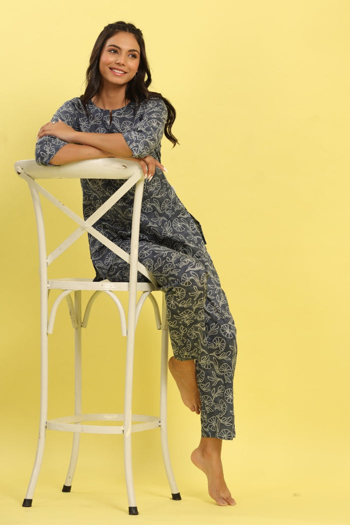 Dotted Shibori in Grey Cotton Loungewear Top Set