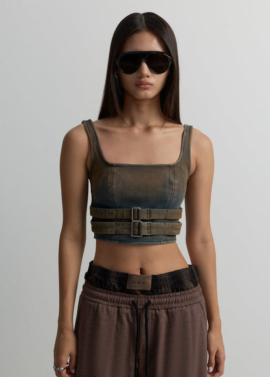 DOUBLE-BUCKLE DENIM BRA TOP
