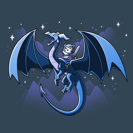 Premium Cotton T-shirt_TeeTurtle denim blue Dragon Rider apparel featuring a dragon with large wings flying through a night sky with mountain silhouettes and stars in the background, carrying a cat with helmet and a sword.