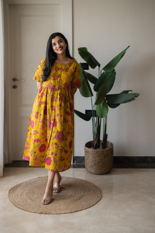 Drishy Maternity Cotton Dress- Mustard Florals